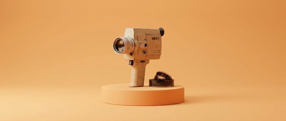 A vintage film camera on an orange plinth