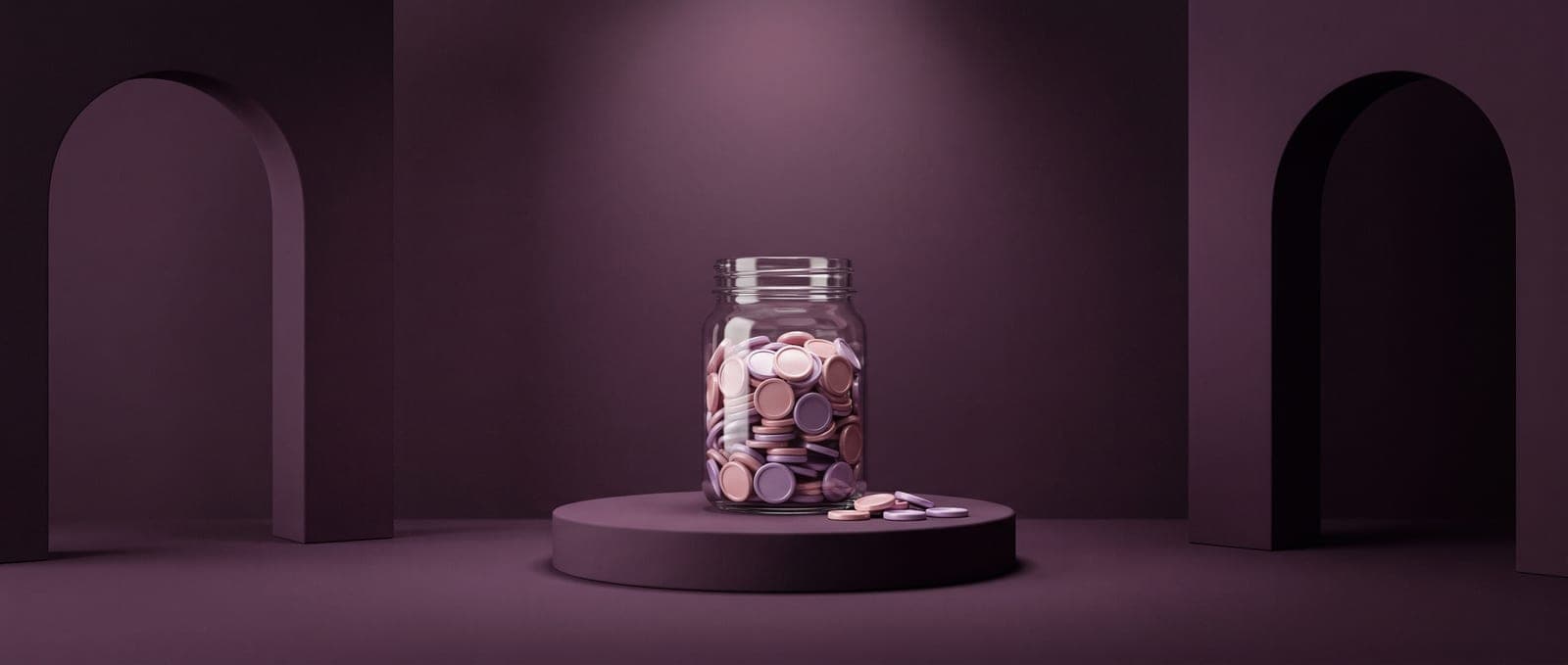 A glass jar of small round tokens on a plinth in a dark purple room