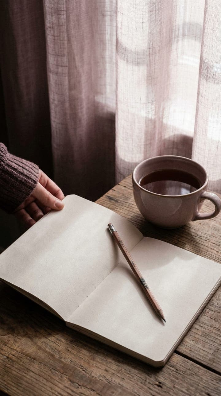 An open notebook and a pencil on a wooden desk beside a cup of tea