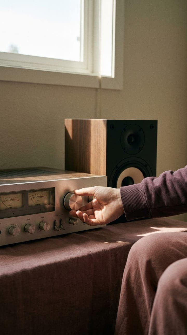 A hand turning a knob on a hi-fi amplifier next to a speaker