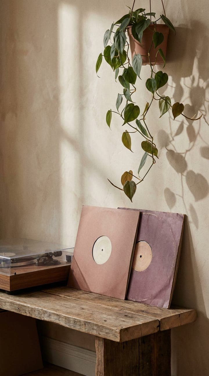Two vinyl records leaning side by side on a wooden shelf