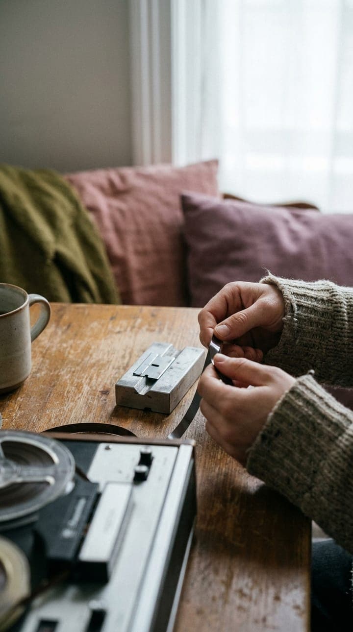 Hands splicing a strip of tape beside a reel-to-reel machine