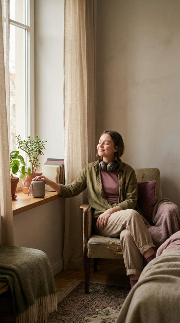 A woman with headphones around her neck resting a hand on a small speaker by a window